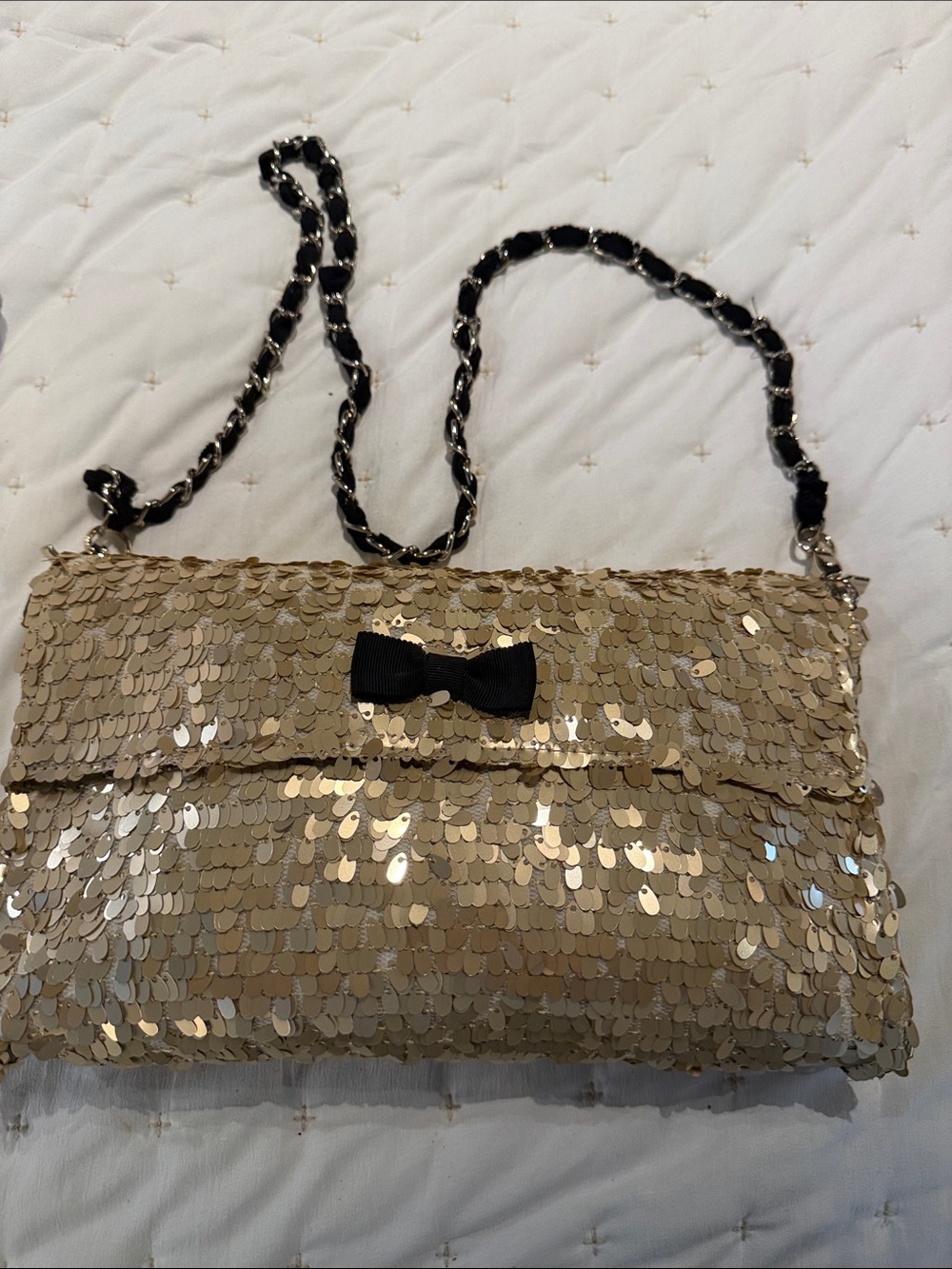 Gold Sequin Shoulder Bag with Black Bow Accent